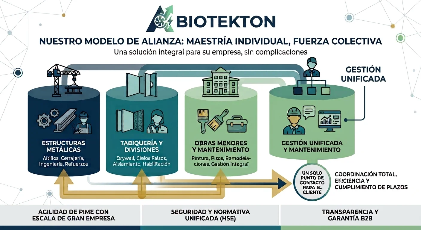 Infografía: modelo de alianza Biotekton, gestión unificada