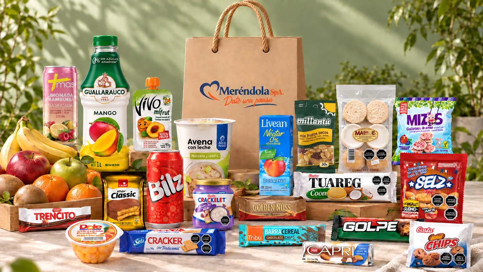 Bolsa Meréndola junto a colaciones y snacks de marcas reconocidas